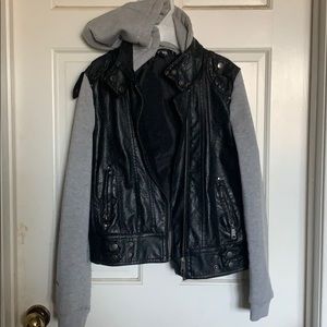 Leather jacket with grey sleeves